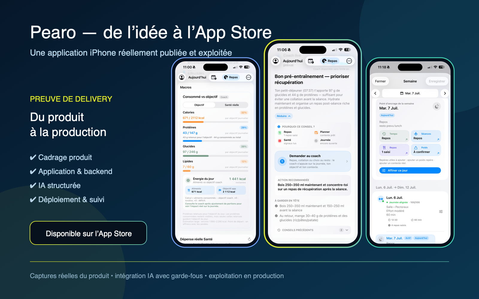 Trois écrans réels de l’application Pearo publiée sur l’App Store